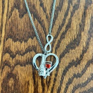 Wine necklace silver chain with silver wine bottle and wine glass pendant.